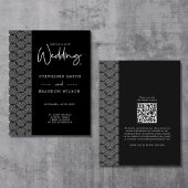 Modern Black & White Lace Script Weddenschap Informatiekaartje