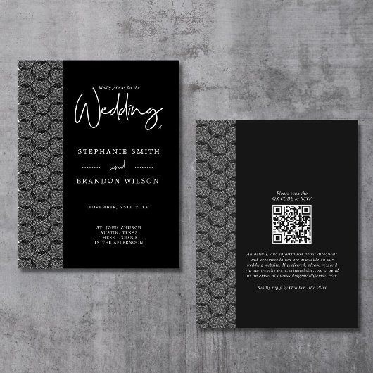 Modern Black & White Lace Script Weddenschap Informatiekaartje