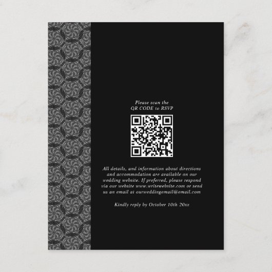 Modern Black & White Lace Script Weddenschap Informatiekaartje (Achterkant)