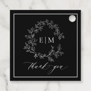 Modern Black White Leafy Crest Monogram Weddenscha Bedankjes Labels