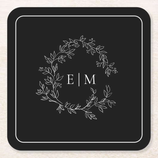 Modern Black White Leafy Crest Monogram Weddenscha Kartonnen Onderzetters (Voorkant)
