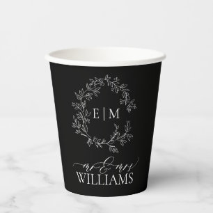 Modern Black White Leafy Crest Monogram Weddenscha Papieren Bekers