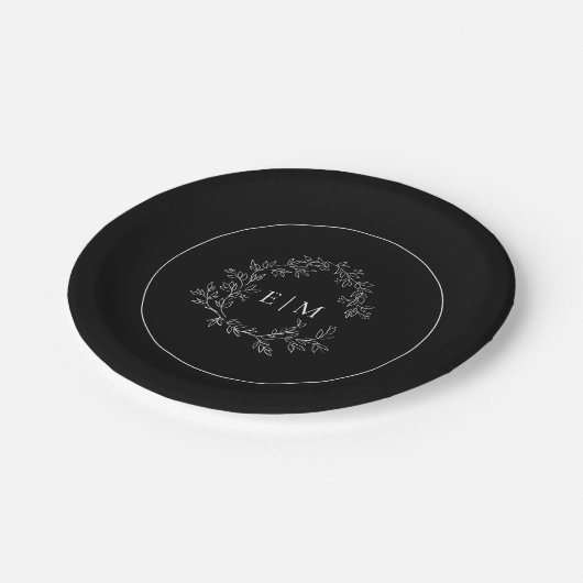 Modern Black White Leafy Crest Monogram Weddenscha Papieren Bordje (Gekanteld)