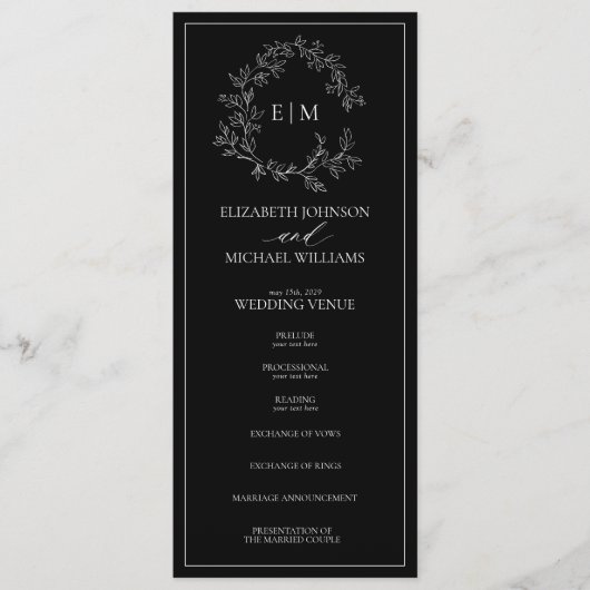 Modern Black White Leafy Crest Monogram Weddenscha Programmakaart (Voorkant)