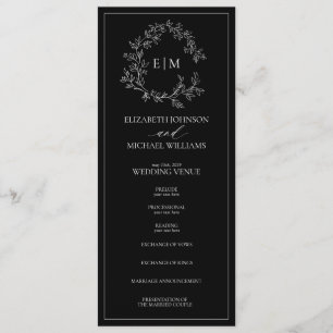 Modern Black White Leafy Crest Monogram Weddenscha Programmakaart