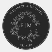 Modern Black White Leafy Crest Monogram Weddenscha Ronde Sticker (Voorkant)