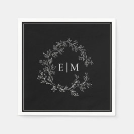 Modern Black White Leafy Crest Monogram Weddenscha Servet