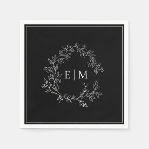 Modern Black White Leafy Crest Monogram Weddenscha Servet