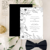 Modern Black White Line Art Floral Wedding Kaart