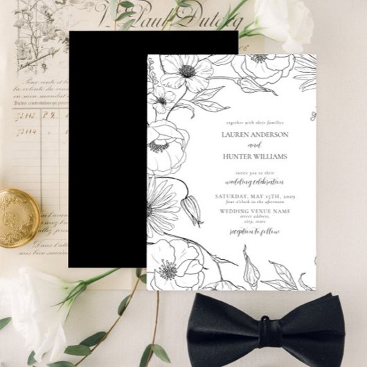 Modern Black White Line Art Floral Wedding Kaart