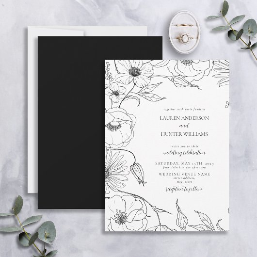 Modern Black White Line Art Floral Wedding Kaart