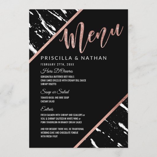 Modern Black White Marble Roos Gold Wedding Menu (Voorkant)