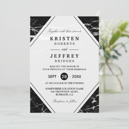 Modern Black White Marble Wedding Invitation Kaart (Staand voorkant)