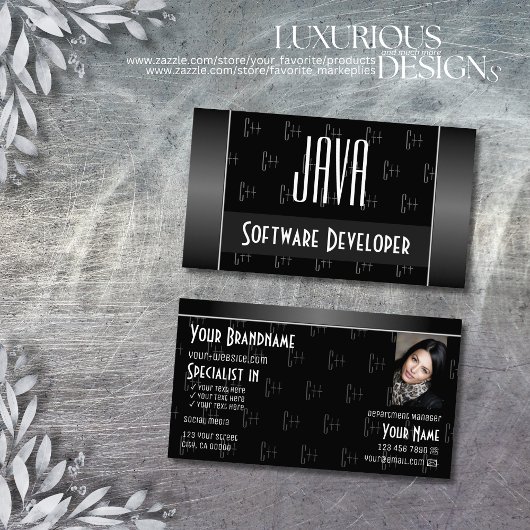 Modern Black White met foto- en briefpatroon Visitekaartje