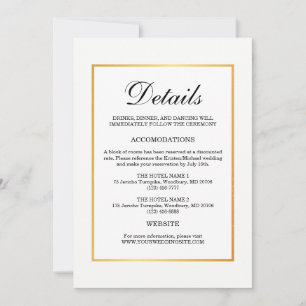 Modern Black White met Gold border Wedding Detail Kaart