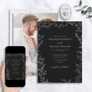 Modern Black & White Minimal Leaf Photo Wedding Kaart