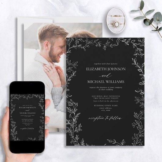 Modern Black & White Minimal Leaf Photo Wedding Kaart