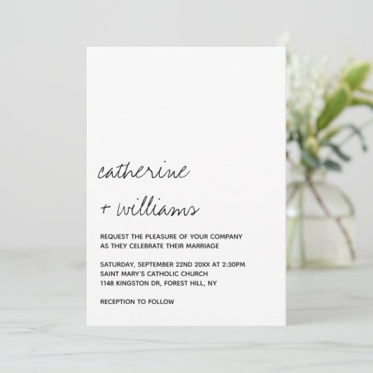 Modern Black & White Minimalist Script Wedding Kaart (Staand voorkant)