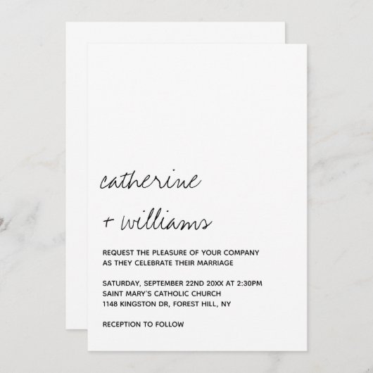 Modern Black & White Minimalist Script Wedding Kaart (Voorkant / Achterkant)