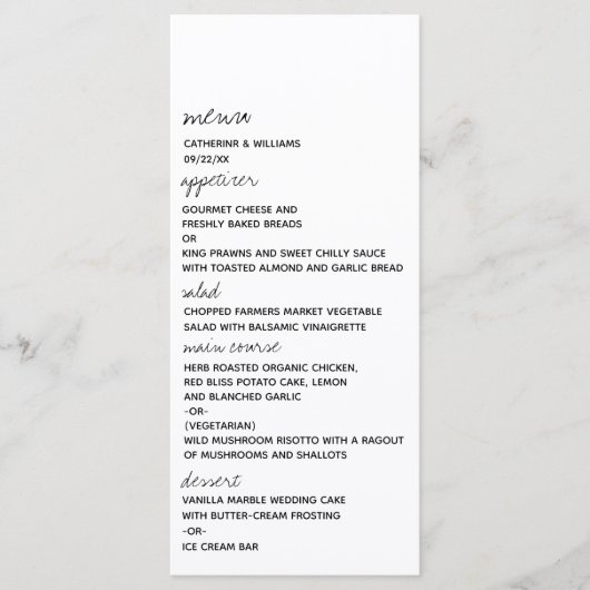Modern Black & White Minimalist Script Wedding Menu (Voorkant)