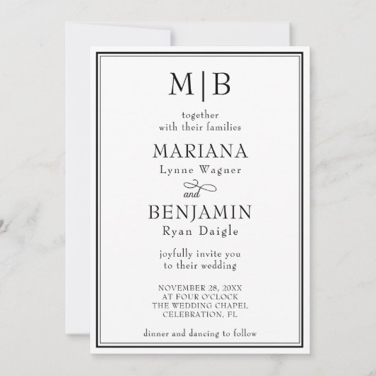 Modern Black White Minimalist Wedding Invitation Kaart (Voorkant)