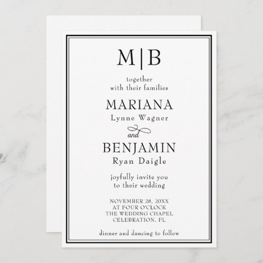 Modern Black White Minimalist Wedding Invitation Kaart (Voorkant / Achterkant)