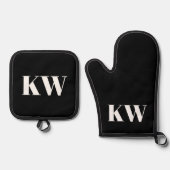 Modern Black White Monogram Initialen op maat Ovenwant & Pannenlap Set (Voorkant)