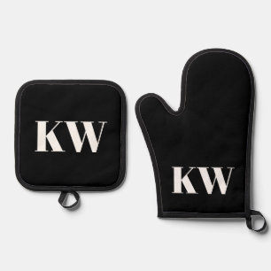 Modern Black White Monogram Initialen op maat Ovenwant & Pannenlap Set