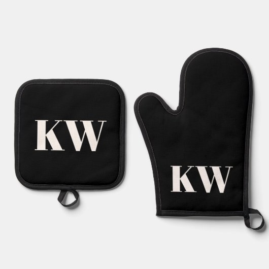 Modern Black White Monogram Initialen op maat Ovenwant & Pannenlap Set (Voorkant)