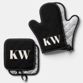 Modern Black White Monogram Initialen op maat Ovenwant & Pannenlap Set (Voorkant / Achterkant)