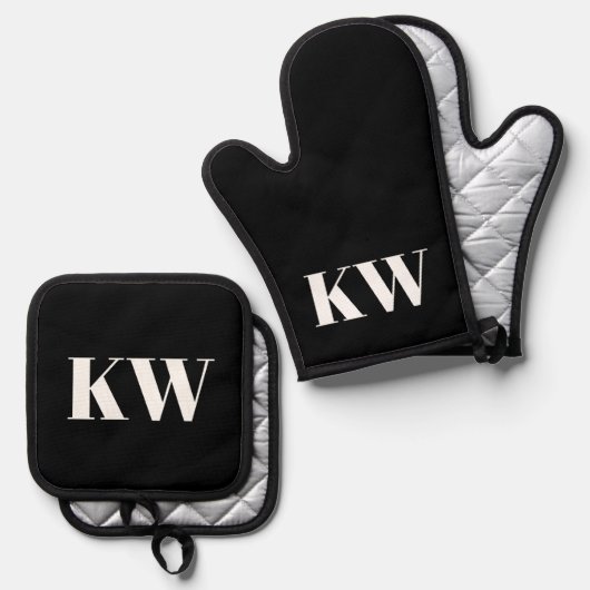 Modern Black White Monogram Initialen op maat Ovenwant & Pannenlap Set (Voorkant / Achterkant)