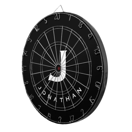 Modern Black White Monogram Name Dartbord (Voorkant Rechts)