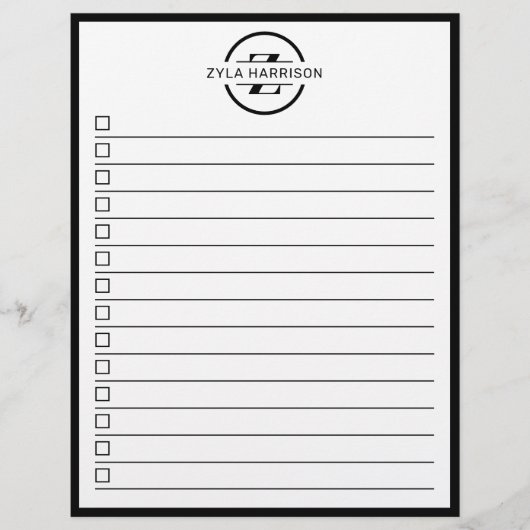 Modern Black White Monogram Name To Do List Flyer (Voorkant)
