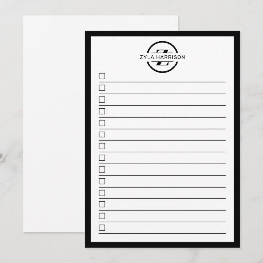 Modern Black White Monogram Name To Do List Kaart (Voorkant / Achterkant)