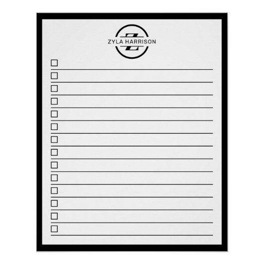 Modern Black White Monogram Name To Do List Perfect Poster (Voorkant)