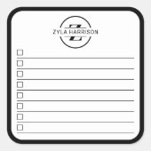 Modern Black White Monogram Name To Do List Vierkante Sticker (Voorkant)