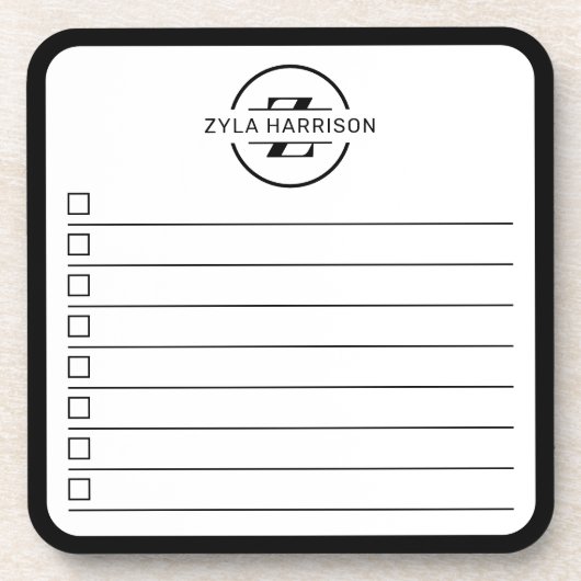 Modern Black White Monogram Name To Do Whiteboard Bier Onderzetter (Voorkant)