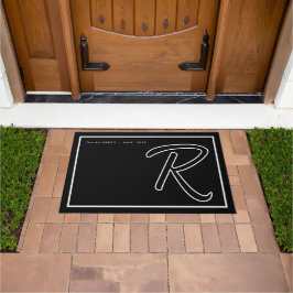 Modern Black White Monogram Script Family Name Deurmat