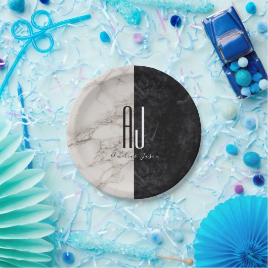 Modern Black White Monogram Weddenschap Papieren Bordje (Feest)