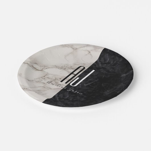 Modern Black White Monogram Weddenschap Papieren Bordje (Gekanteld)
