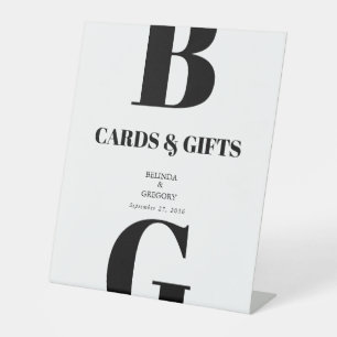 Modern Black White Monogram Weddenschappen en cade Reclamebord Met Voetstuk