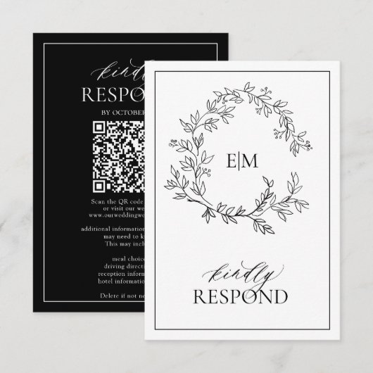 Modern Black White Monogram Wedding QR Code RSVP Kaartje (Voorkant / Achterkant)