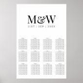 Modern Black White Monogram Wedding Seating Chart Poster (Voorkant)