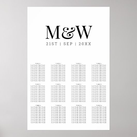 Modern Black White Monogram Wedding Seating Chart Poster (Voorkant)