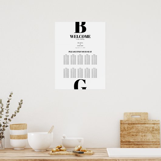 Modern Black White Monogram Wedding Seating Chart Poster (Keuken)