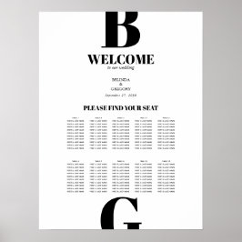 Modern Black White Monogram Wedding Seating Chart Poster