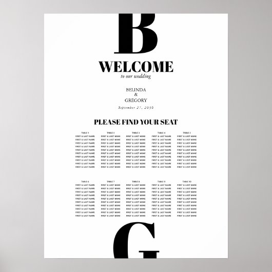 Modern Black White Monogram Wedding Seating Chart Poster (Voorkant)