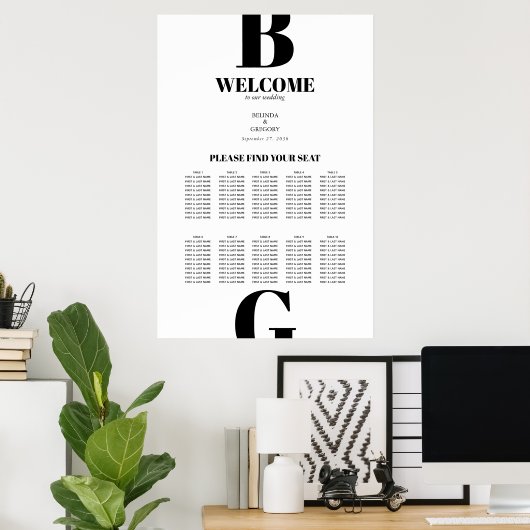 Modern Black White Monogram Wedding Seating Chart Poster (Thuiskantoor)