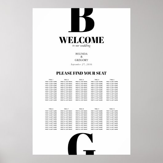 Modern Black White Monogram Wedding Seating Chart Poster (Voorkant)