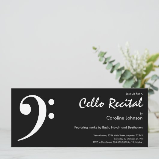 Modern Black White Music Cello Concert Overweging Kaart (Staand voorkant)